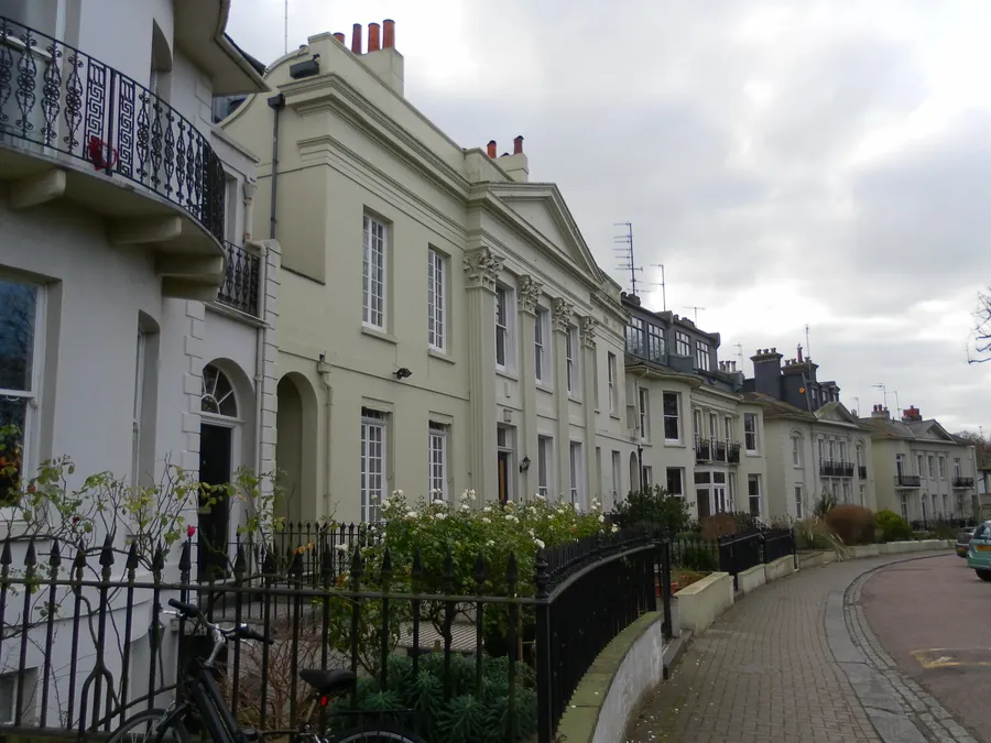 Hanover Crescent in Brighton, a curved Regency terrace with slate roofs and chimney stacks